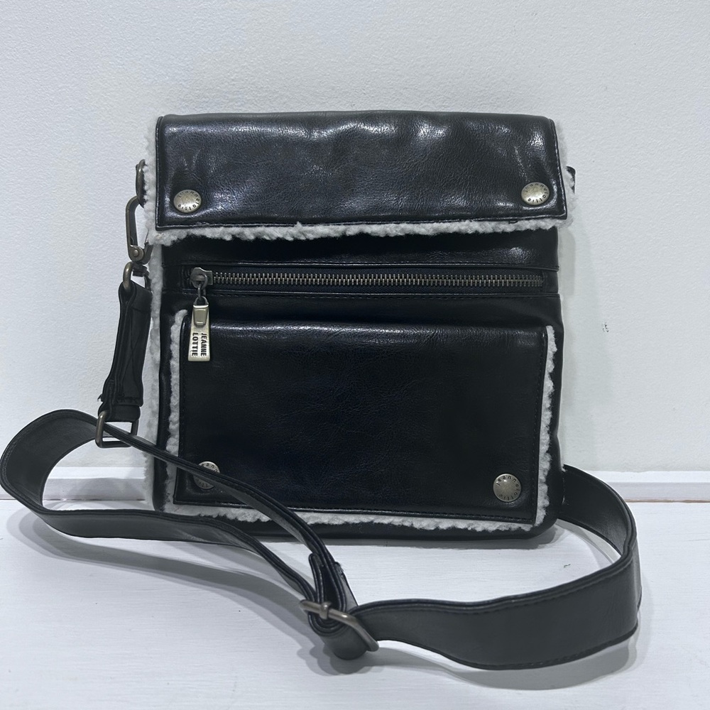 Jeanne Lottie Women’s Black Leather White Fleece Crossbody Bag Adjustable Strap